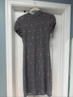 Black and White Geometric Midi Dress with Pink Dot Detail